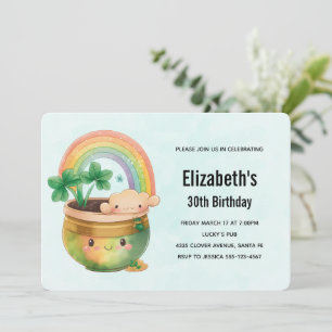 Whimsical Planter with Rainbow & Clover Birthday Invitation