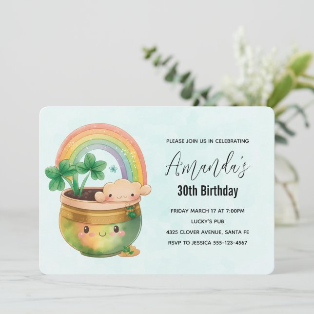 Whimsical Planter with Rainbow & Clover Birthday Invitation (Standing Front)