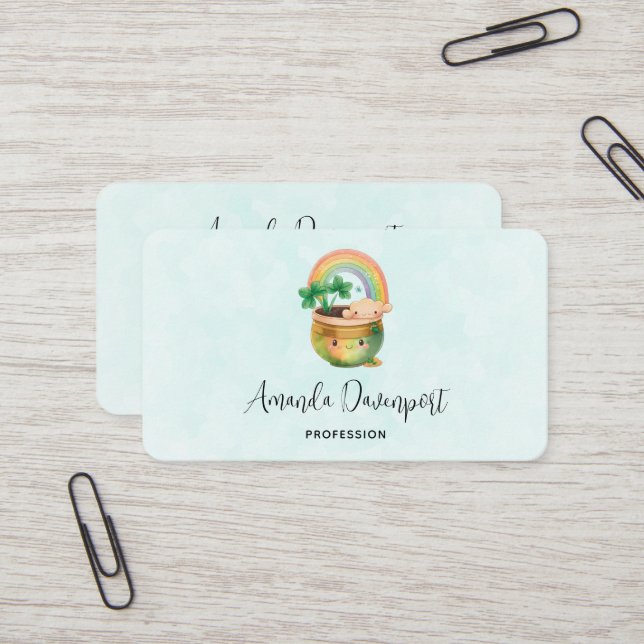 Whimsical Planter with Rainbow & Clover Business Card (Front/Back In Situ)