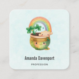 Whimsical Planter with Rainbow & Clover Square Business Card