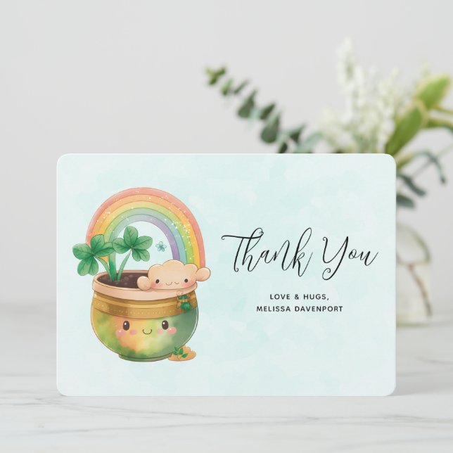 Whimsical Planter with Rainbow & Clover Thank You Card (Standing Front)