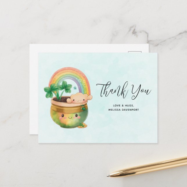 Whimsical Planter with Rainbow & Clover Thank You Postcard (Front/Back In Situ)
