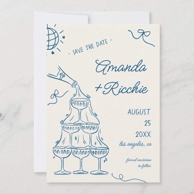 Whimsical Playful Champagne Tower Doodle Wedding Save The Date (Front)