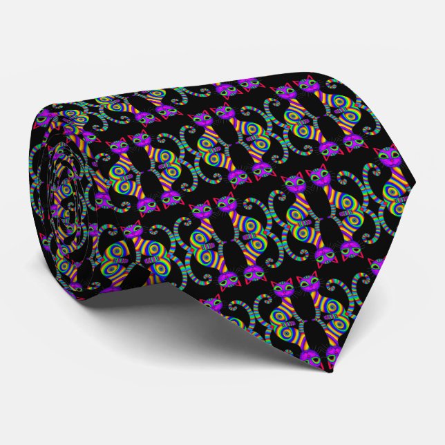 Whimsical Playful Striking Rainbow Cat Pattern  Tie (Rolled)