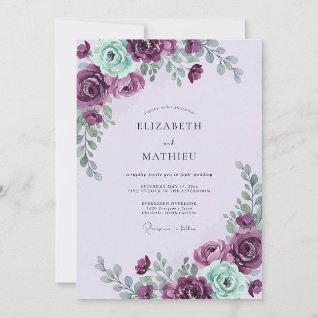 Whimsical Plum Mint Blossom Wedding Invitation (Front)