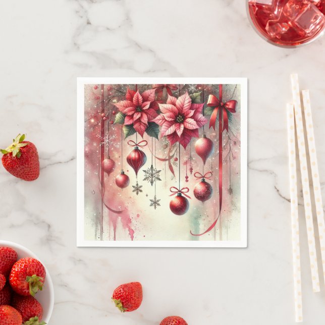 Whimsical Poinsettia Christmas Ornaments Découpage Napkin (Insitu)