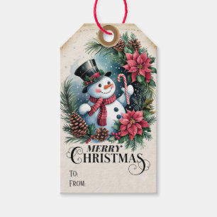 Whimsical Poinsettia Wreath Snowman Christmas Gift Tags