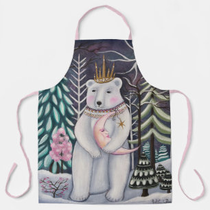Whimsical Polar Bear and Moon Winter Art Apron