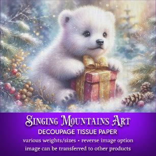 Whimsical Polar Bear Cub With Present Decoupage Tissue Paper