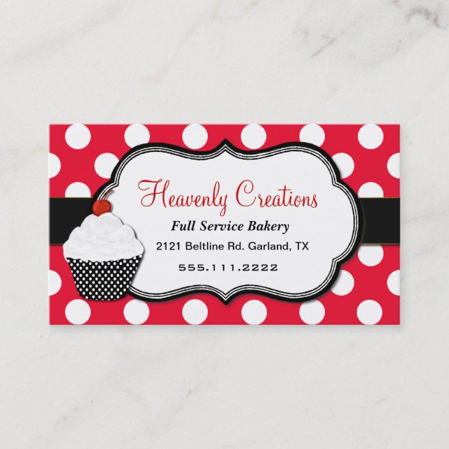 Whimsical Polka Dot Cupcake Bakery Business Card (Front)