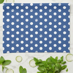 Whimsical Polka Dot Dog Paw Print Blue Tea Towel