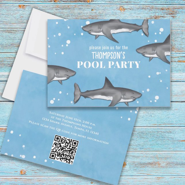 Whimsical Pool Party Ocean Swimming Sharks QR Code Invitation (Creator Uploaded)