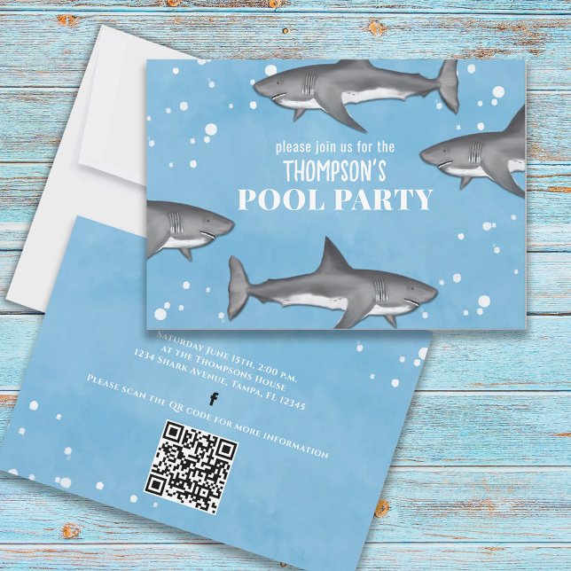 Whimsical Pool Party Sharks QR Code Social Media Invitation (Creator Uploaded)