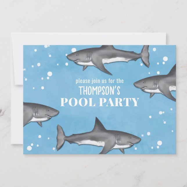 Whimsical Pool Party Sharks QR Code Social Media Invitation (Front)
