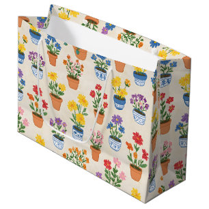 Whimsical Potted Flowers Botanical Illustration Large Gift Bag
