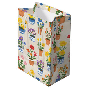 Whimsical Potted Flowers Botanical Illustration Medium Gift Bag