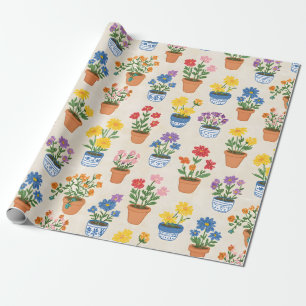 Whimsical Potted Flowers Botanical Illustration Wrapping Paper
