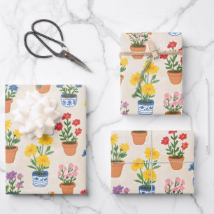 Whimsical Potted Flowers Botanical Illustration Wrapping Paper Sheet