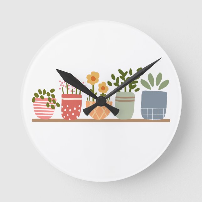 Whimsical Potted Flowers Garden Lover Round Clock (Front)
