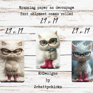 Whimsical Pouty White Cats Decoupage Wrapping Paper Sheet