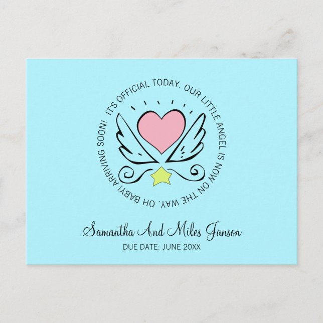 Whimsical Pregnancy | Heart With Wings Turquoise Announcement Postcard (Front)