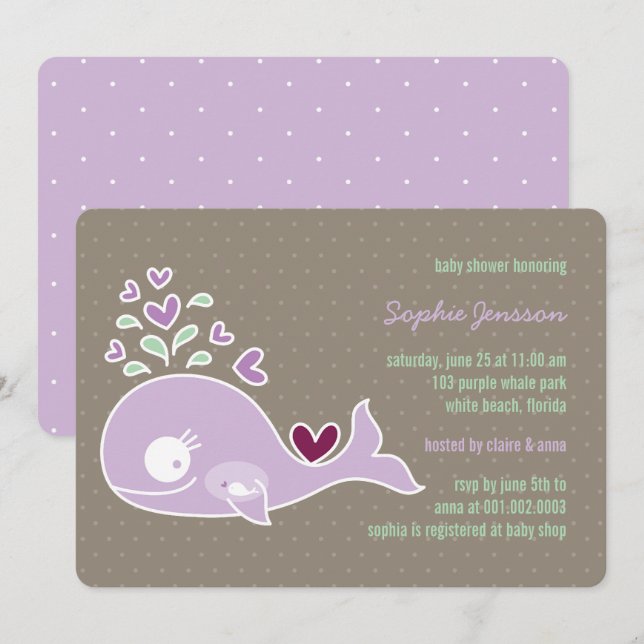 Whimsical Pregnant Purple Whale Baby Shower Invite (Front/Back)