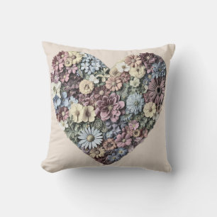 Whimsical Pressed Flower Heart Botanical Drawing Cushion