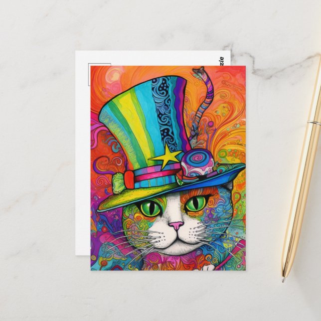 whimsical psychedelic Colourful Kitty in a Tophat Postcard (Front/Back In Situ)