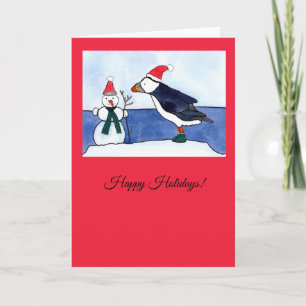 Whimsical Puffin Christmas Greeting Card