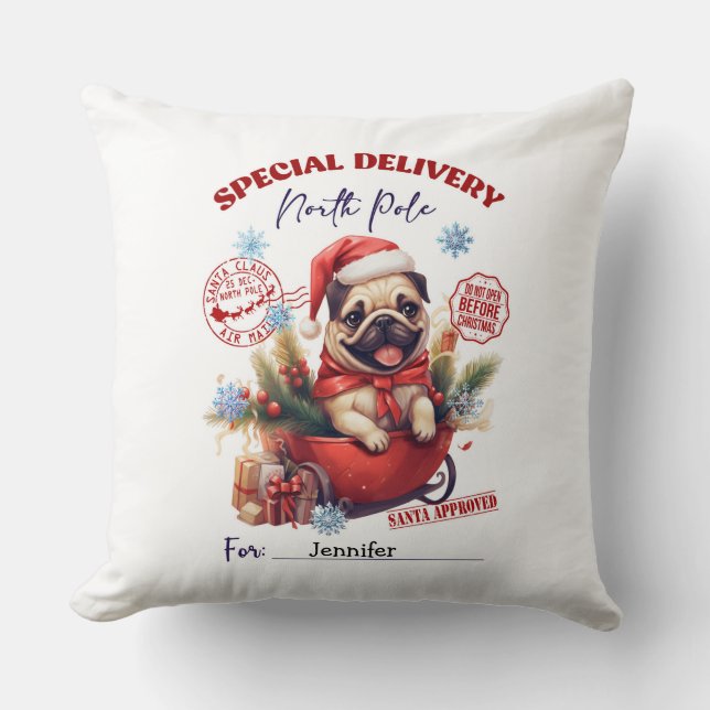 Whimsical Pug Christmas Throw Pillow (Front)