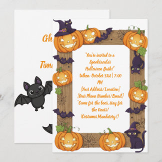 Whimsical Pumpkin and Black Cat Halloween Invite