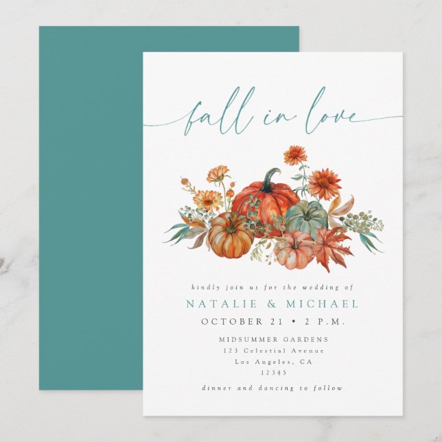 Whimsical Pumpkin Fall in Love Wedding Invitation (Front/Back)