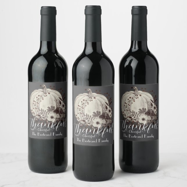 Whimsical Pumpkin Floral Autumnal Thankful Name Wine Label (Bottles)