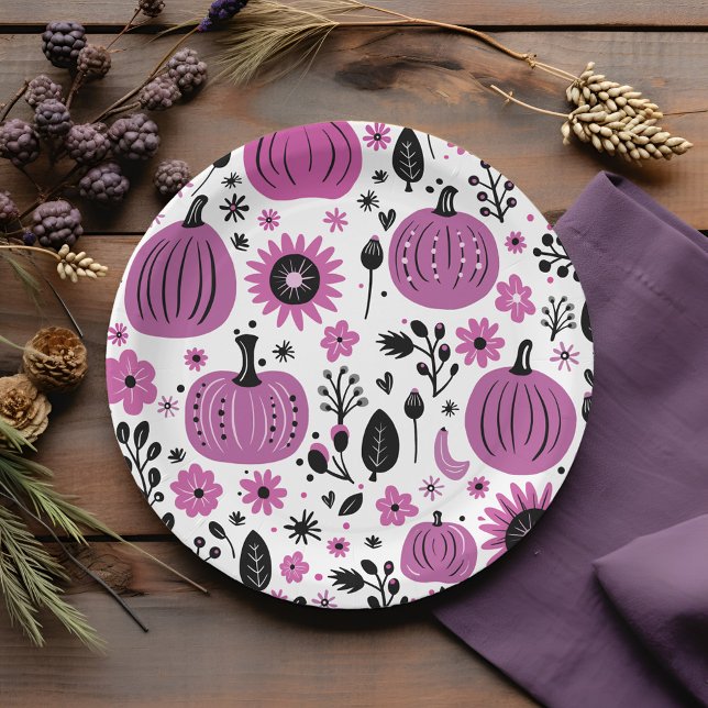 Whimsical pumpkin floral Thanksgiving Dinner Paper Plate (Creator Uploaded)