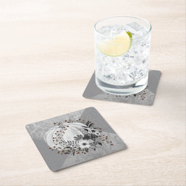 Whimsical Pumpkin Florals & Red Berries Grayscale  Square Paper Coaster (Insitu)