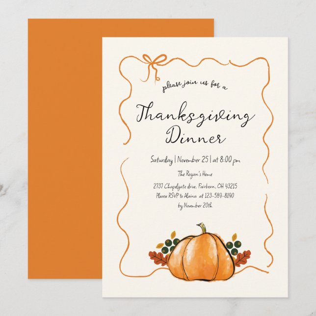 Whimsical Pumpkin Handwriting Thanksgiving Dinner  Invitation (Front/Back)