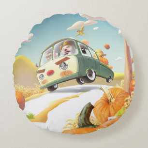 Whimsical Pumpkin Ride Round Cushion