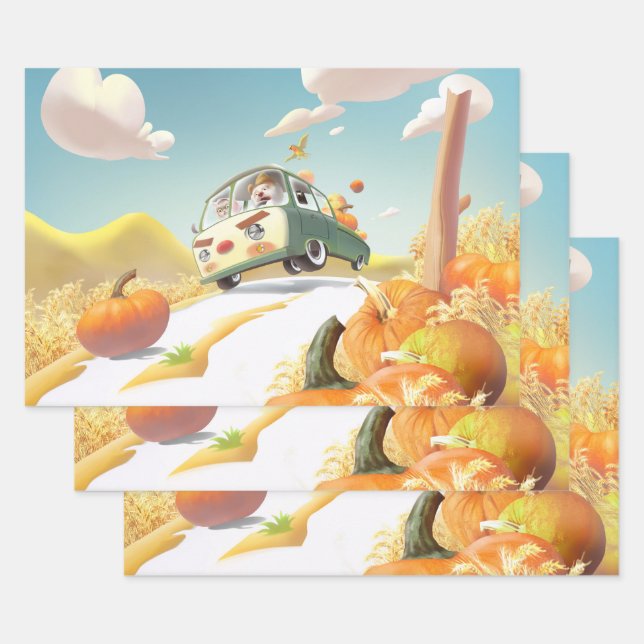 Whimsical Pumpkin Ride Wrapping Paper Sheet (Set)