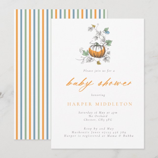 Whimsical Pumpkin & Stripes Fall Baby Shower Invitation (Front/Back)