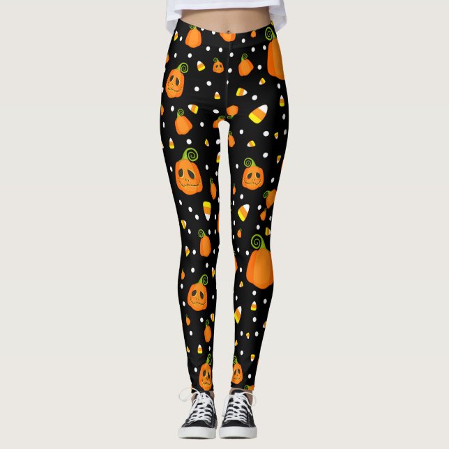 Whimsical Pumpkins & Candy Corn Fun Halloween Leggings (Front)