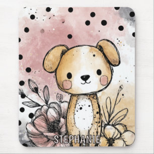 Whimsical Puppy Floral Watercolor Art (1) Mouse Mat