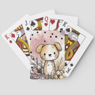 Whimsical Puppy Floral Watercolor Art (1) Playing Cards