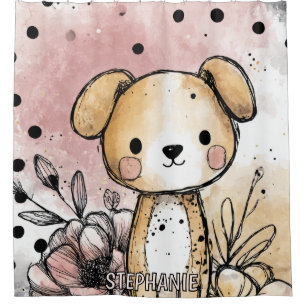 Whimsical Puppy Floral Watercolor Art (1) Shower Curtain