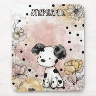 Whimsical Puppy Floral Watercolor Art (2) Mouse Mat