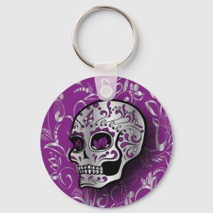 Whimsical Purple and Silver Sugar Skull Key Ring