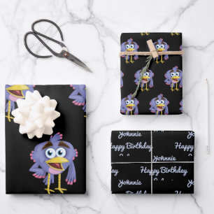 Whimsical Purple Bird Cartoon Coordinated Gift Wrapping Paper Sheet