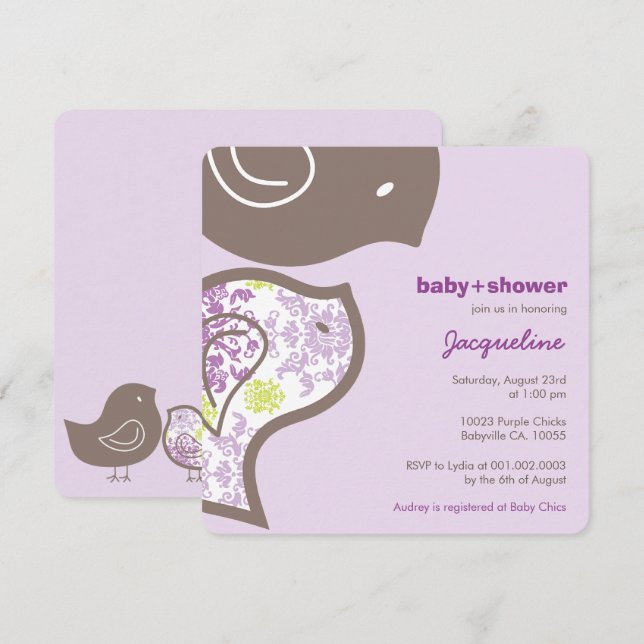 Whimsical Purple Damask Chicks Baby Shower Invite (Front/Back)