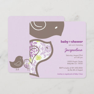 Whimsical Purple Damask Chicks Baby Shower Invite