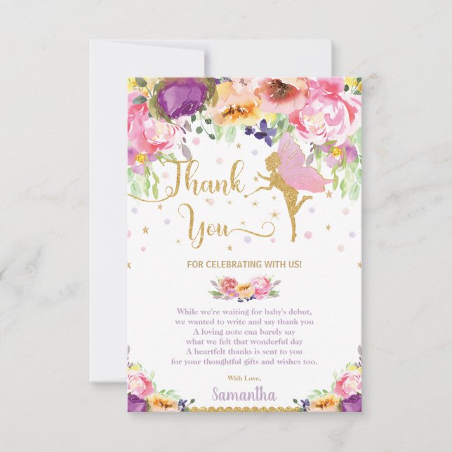 Whimsical Purple Floral Fairy Baby Shower Birthday Thank You Card (Front)