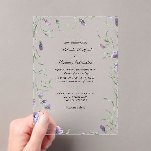 Whimsical Purple Floral Foliage Wedding Acrylic Invitations